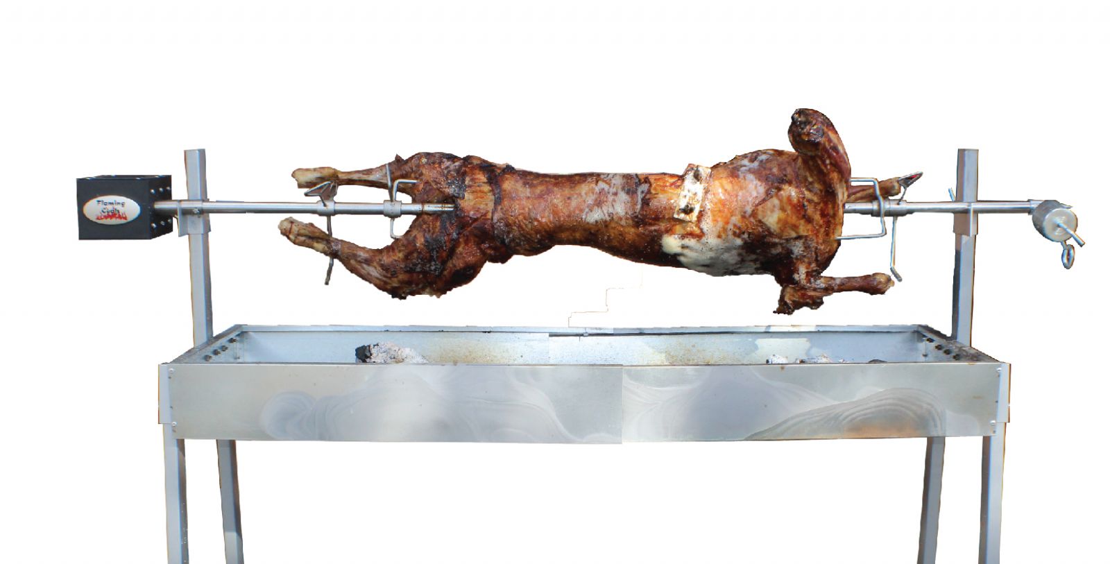 This picture shows a whole lamb mounted and balanced correctly on a spit roaster
