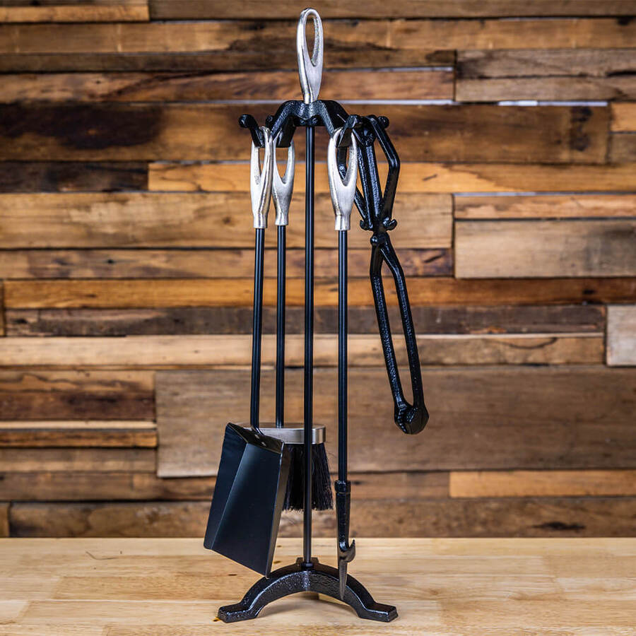 Fireplace Tool Set - 4 piece plus stand - Black and Silver