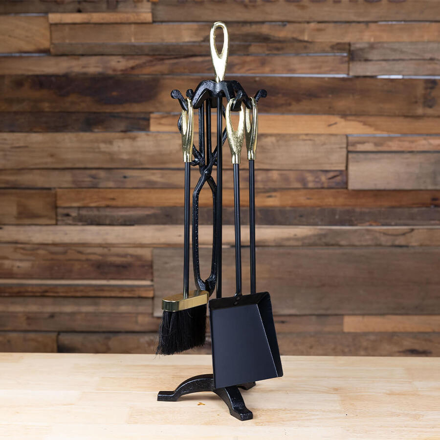 Fireplace Tool Set - 4 piece plus stand - Black and Brass