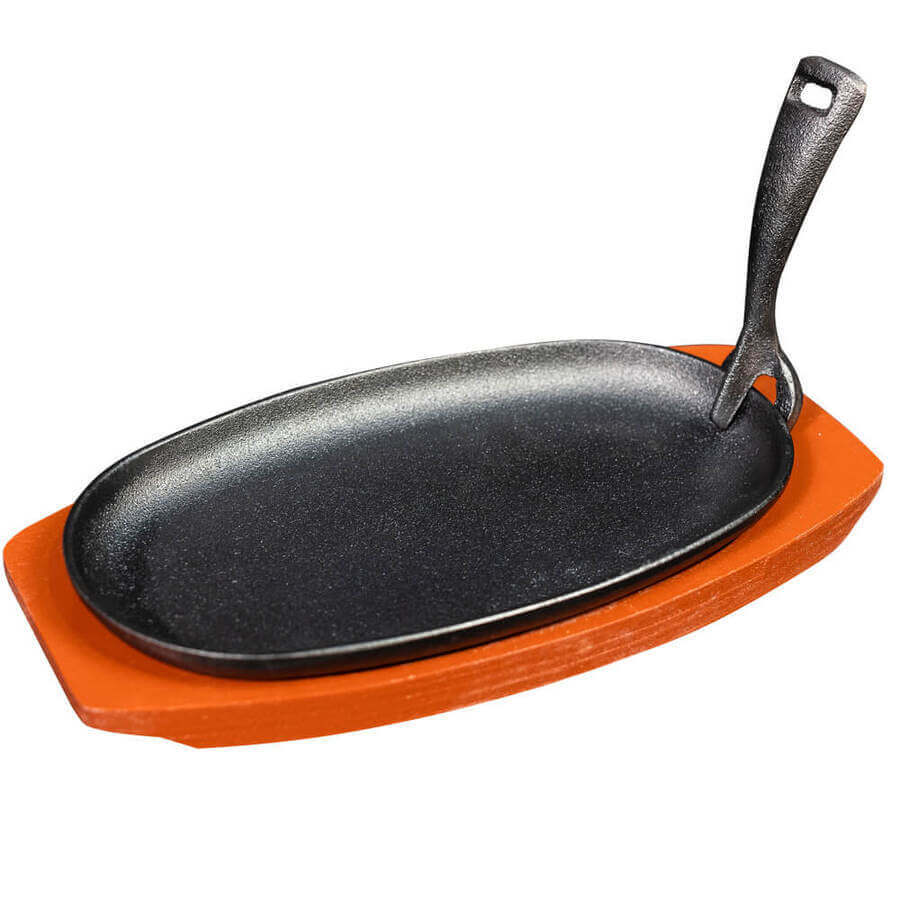 Cast Iron Oval Sizzler with Wooden Stand 240mm | Olympia