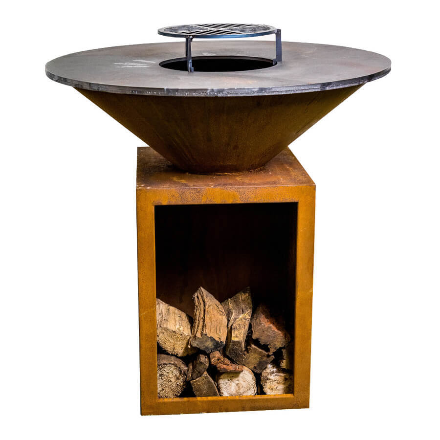 Round Rustic Firepit BBQ with Wood Storage - 1000mm - Flaming Coals