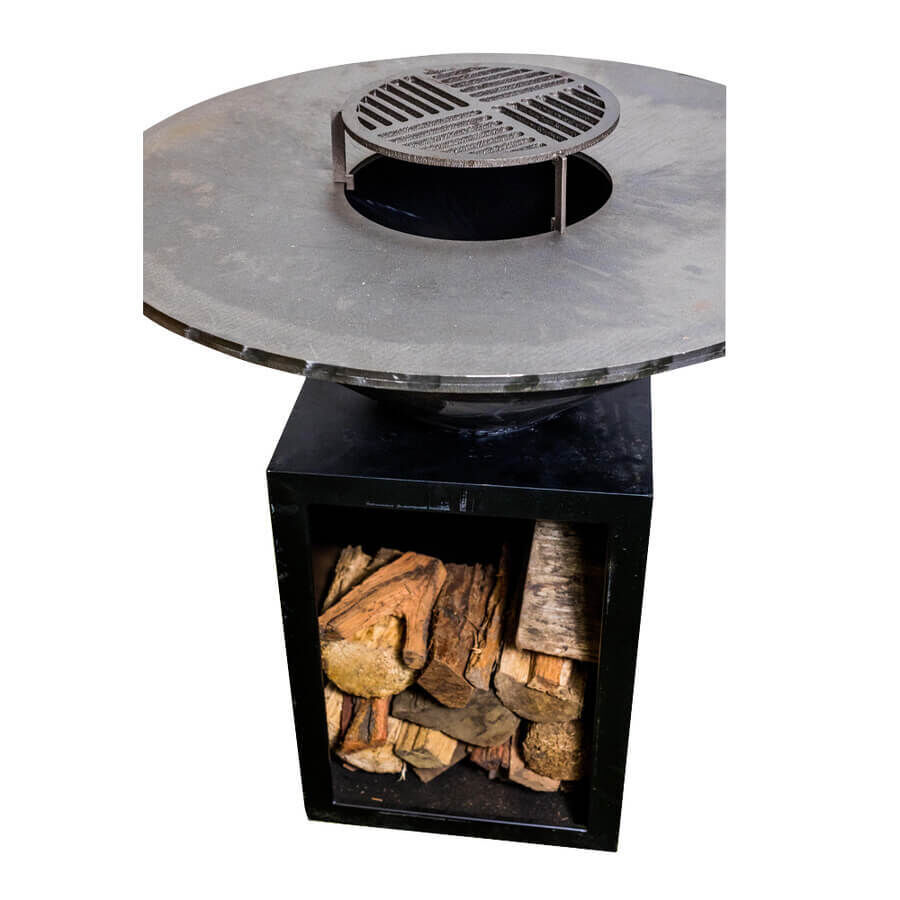 Round Black Firepit BBQ with Wood Storage -1000mm - Flaming Coals