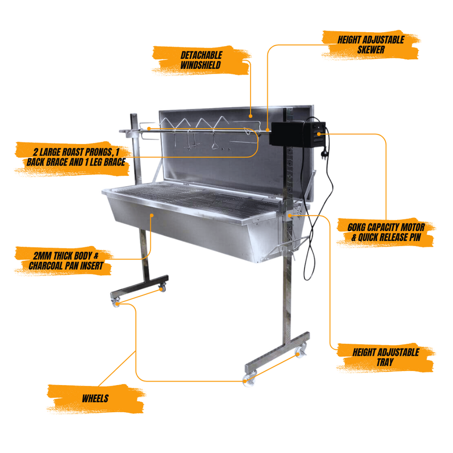 Flaming Coals Stainless Steel Warrior Spit Roaster with each part specifying the spit Flaming Coals Stainless Steel Warrior Spit Roaster with each part specifying the spit