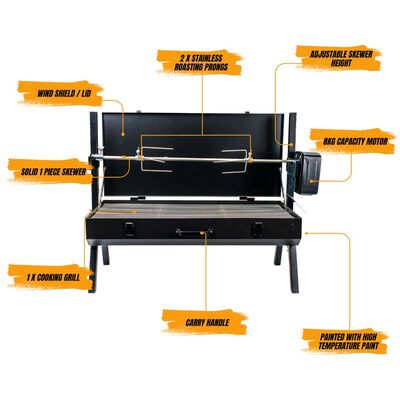 Mini Spit Roaster Charcoal BBQ - Black 3v Motor | Flaming Coals hover