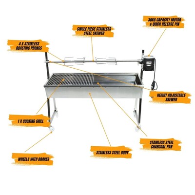 Flaming Coals The Master 1200 Stainless Steel Spit Roaster with 30kg Motor Bundle hover