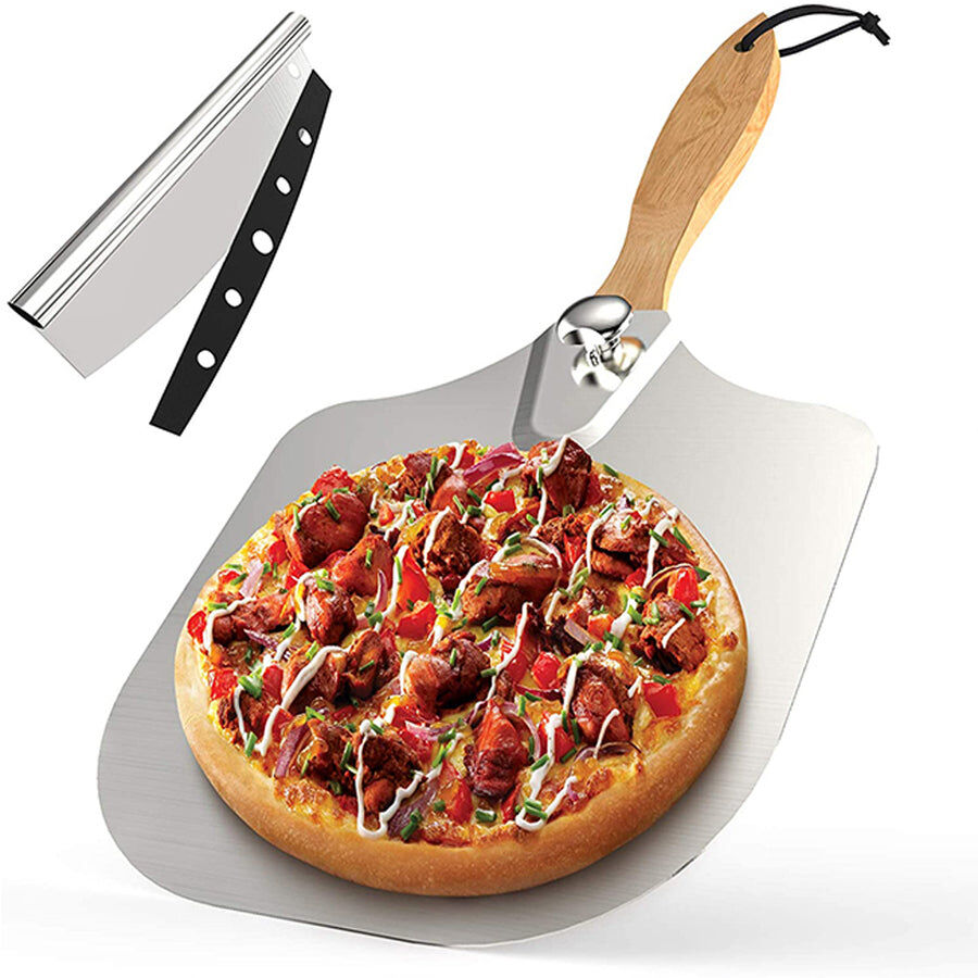 an image of the Aluminium Pizza Peel with Foldable Wood Handle and Pizza Cutter on a white background