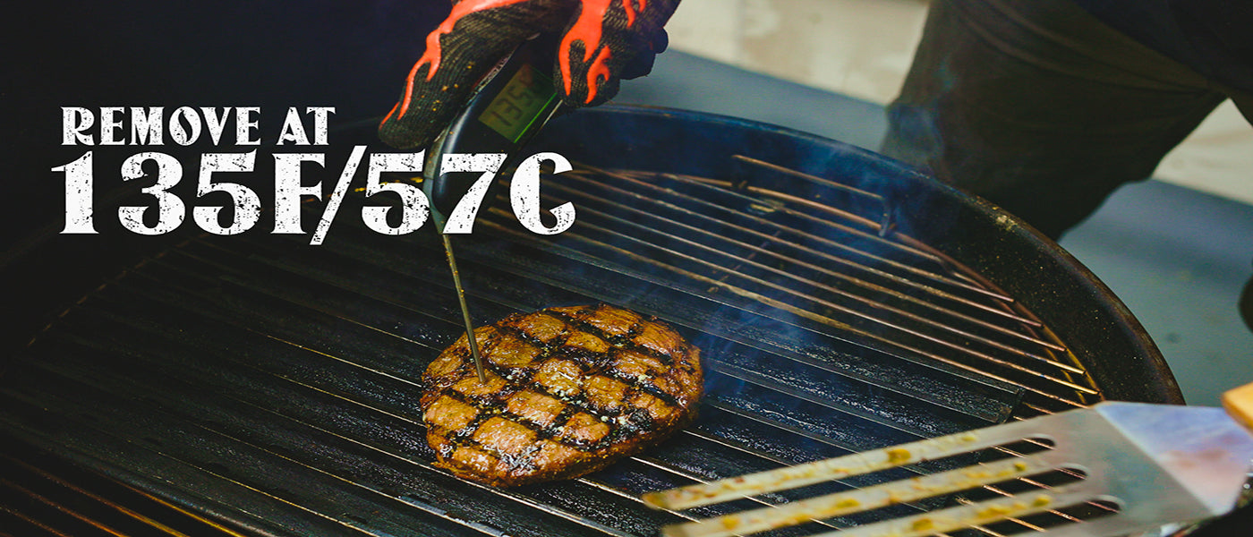 This image shows 135F temperature of steak