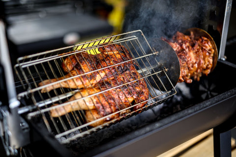 This image image shows Butterflied Chicken cooked in Jumbuck Mini Spit Roaster