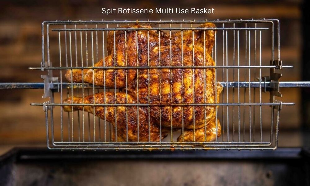Spit rotisserie multi use basket holding butterflied chicken cooking over charcoal