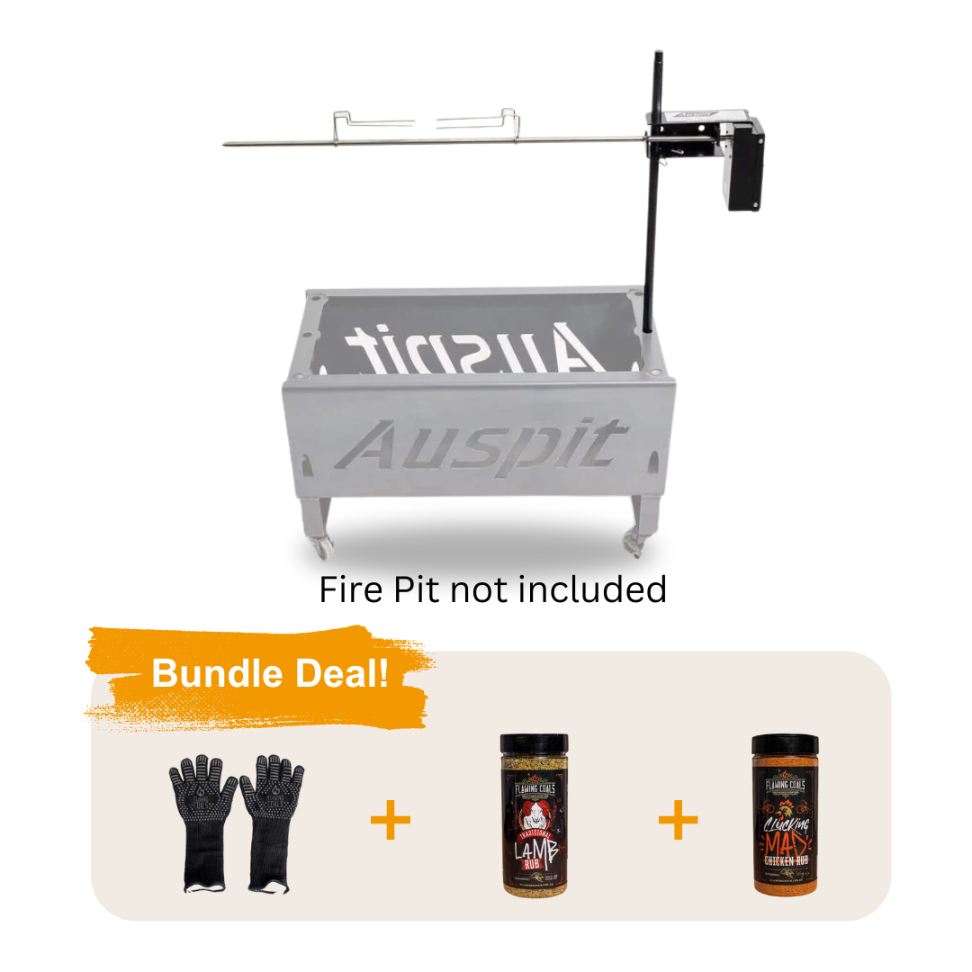 Auspit rotisserie kit bundle featuring rotisserie post and motor, plus heat-resistant gloves, Lamb rub, and Clucking Mad chicken rub.