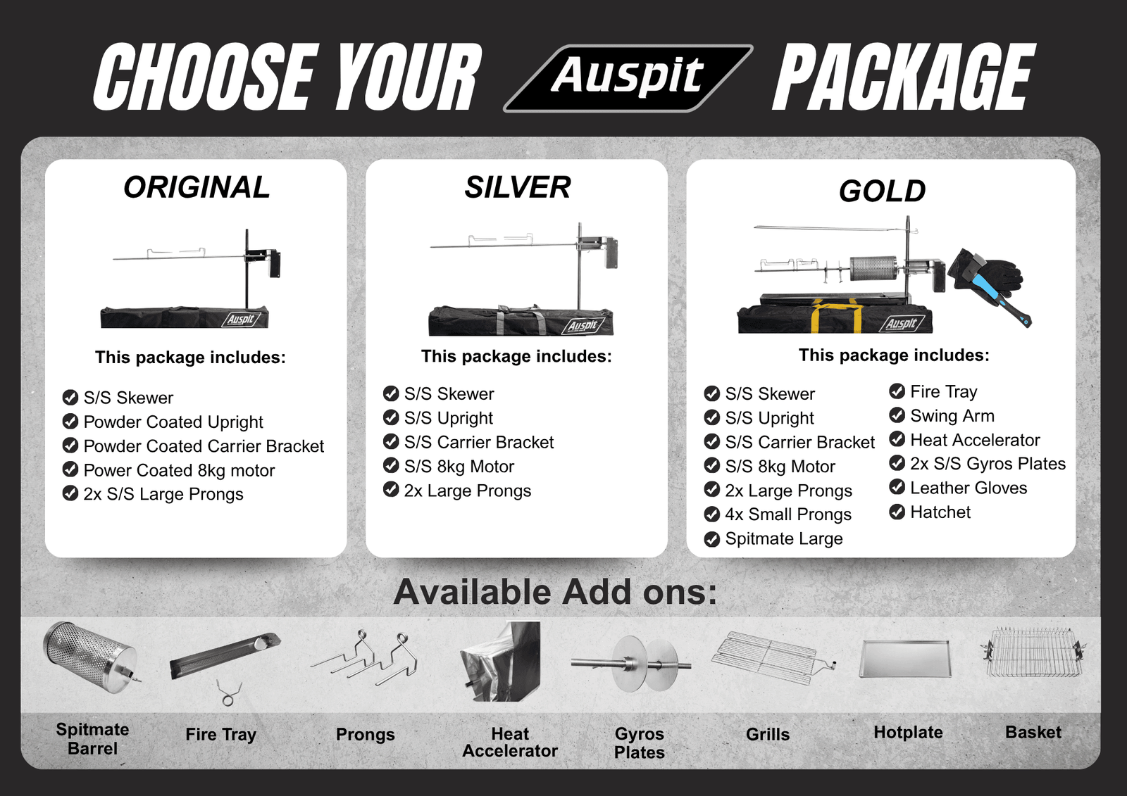 Auspit package comparison chart showing Original, Silver and Gold bundles with included accessories and available add ons.