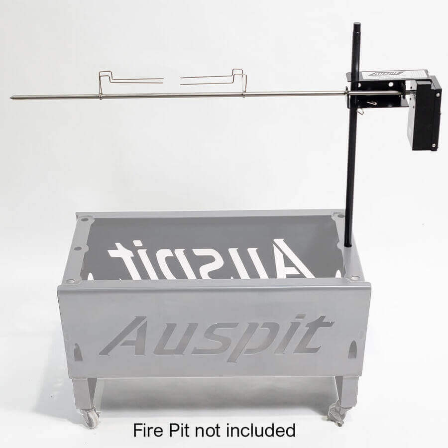 This image shows Auspit Compact Portable Camping Spit Rotisserie Package - Silver