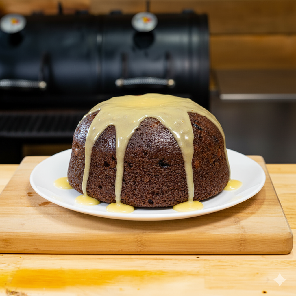 A classic Christmas pudding with rich custard poured over the top, presented on a white plate and wooden board.