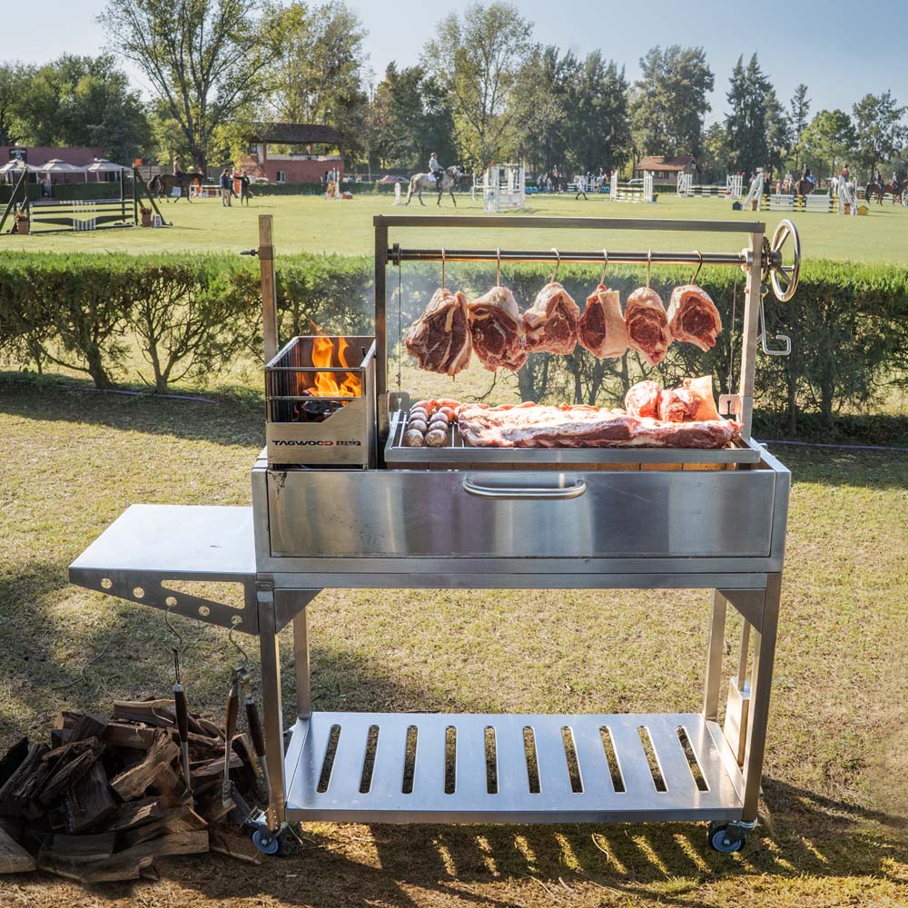 TAGWOOD Argentine stainless steel charcoal and wood fire grill with hanging meat and brasero firebox