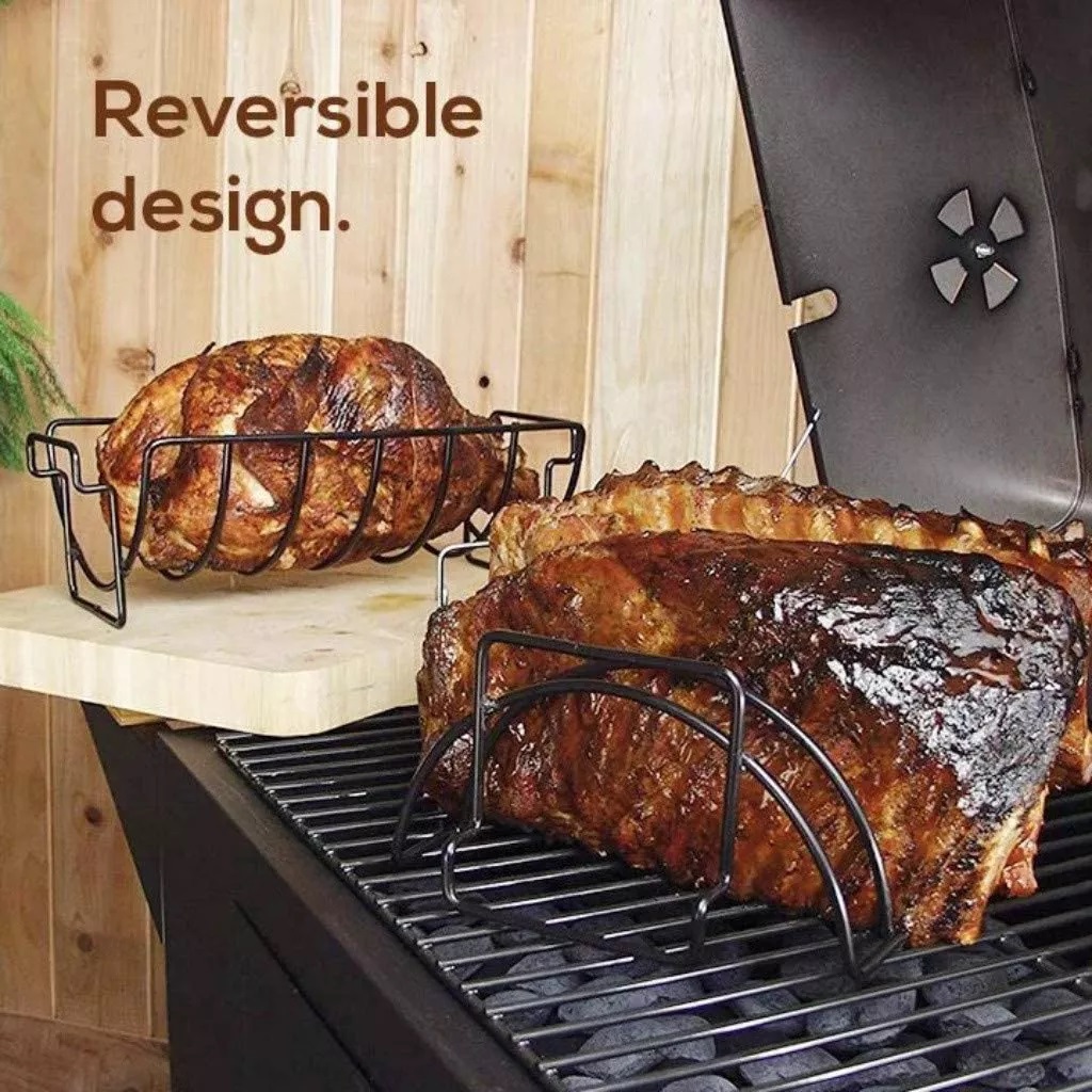 This picture shows how the BBQ Rib Rack is reversible and can be used to cook 6 racks of ribs or flipped over to cook at roast chicken