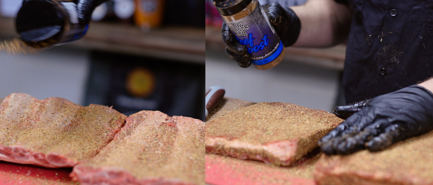 This image shows a man seasoning the beef short ribs