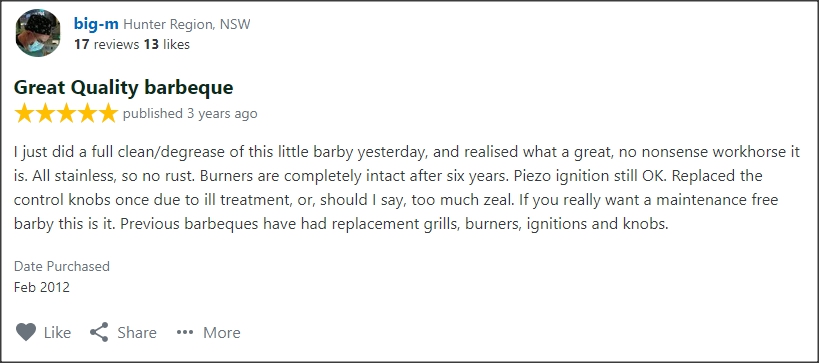 This is a screenshot of a customers review of a galleymate marine BBQ. It was the best BBQ he purchased for his boat