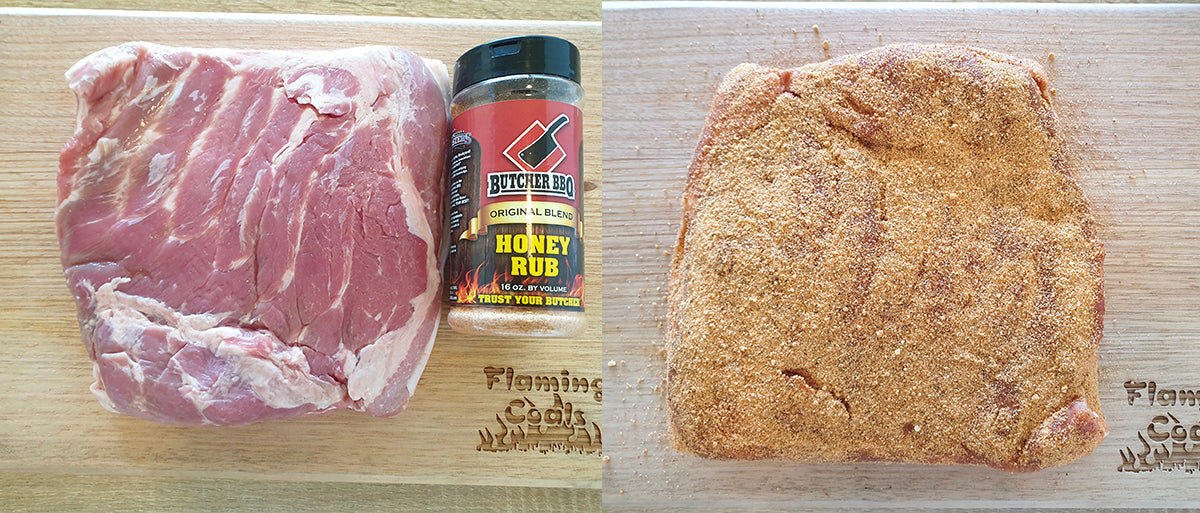 This image shows the pork belly fresh from the butchers and on the right the same pork belly seasoned with rub