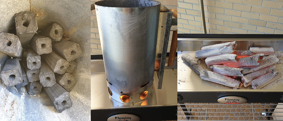 This image shows the charcoal lighting process using a Chimney BBQ starter