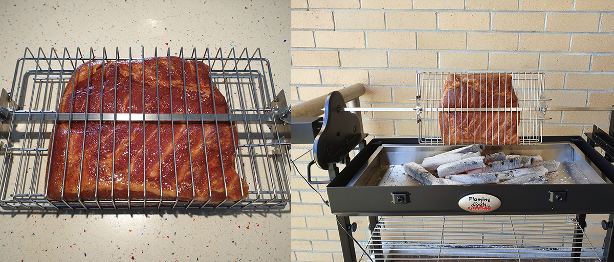 This image show the pork belly in the rotisserie basket and on the Cyprus Spit