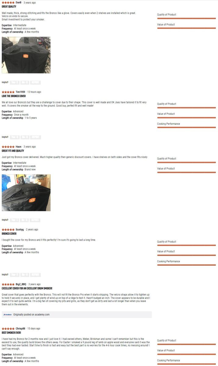 This image is a screen shot of reviews left by customers for the Bronco Drum smoker cover