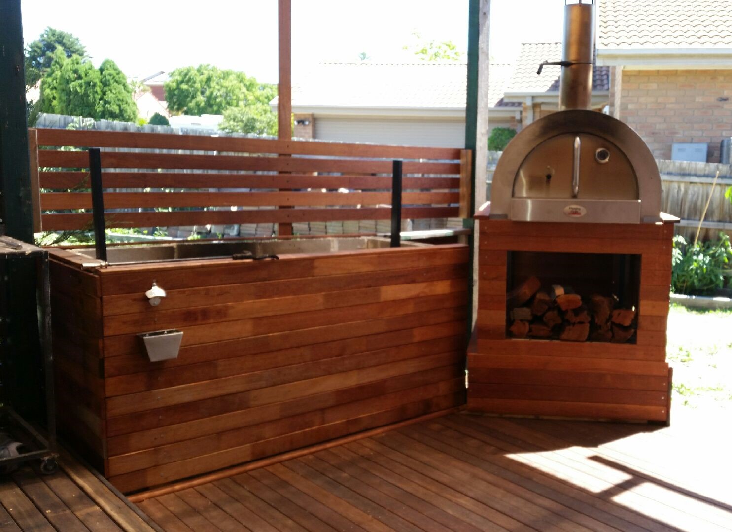 This image shows how a customer purchased a flaming coals woodfired pizza oven and built it into his kitchen