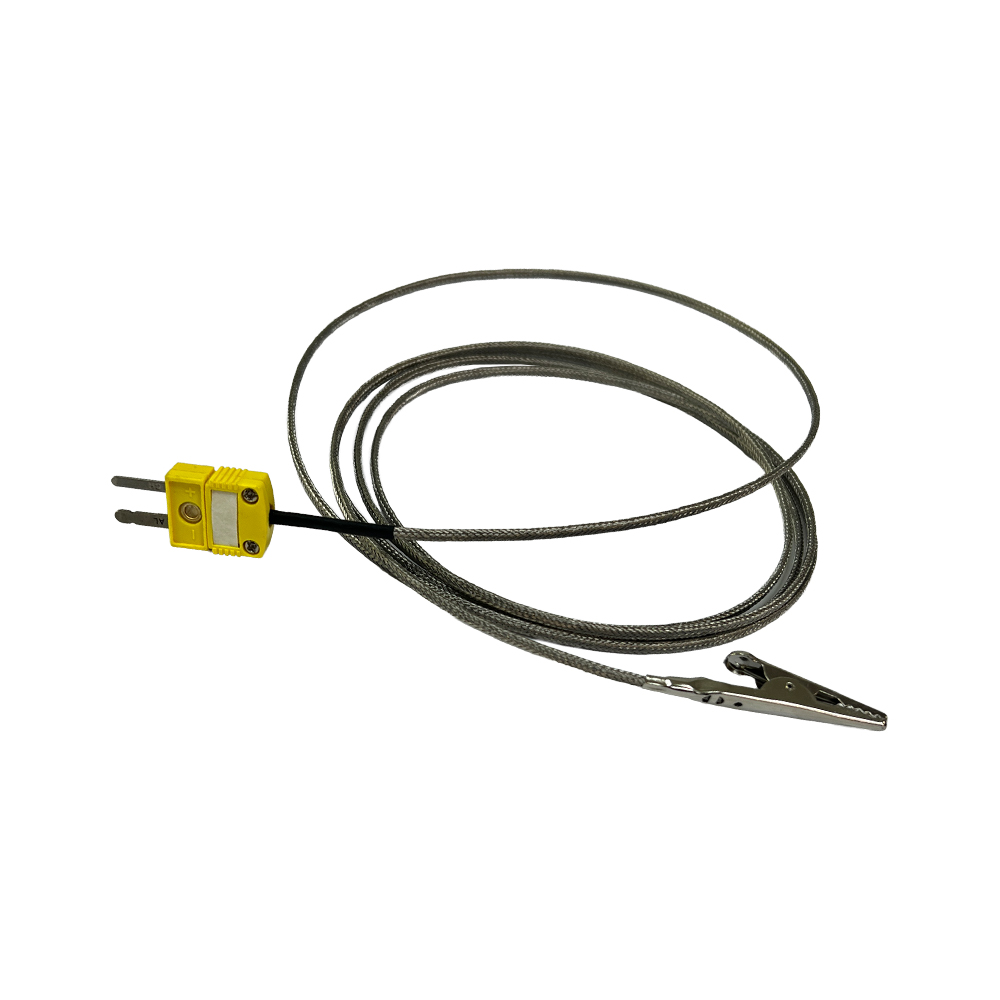Alligator clip jaws on the K-type thermocouple probe