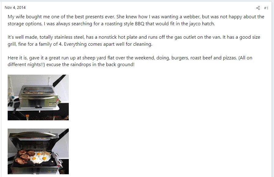 This is a screenshot from a customer who was thrilled with his new Caravan BBQ.