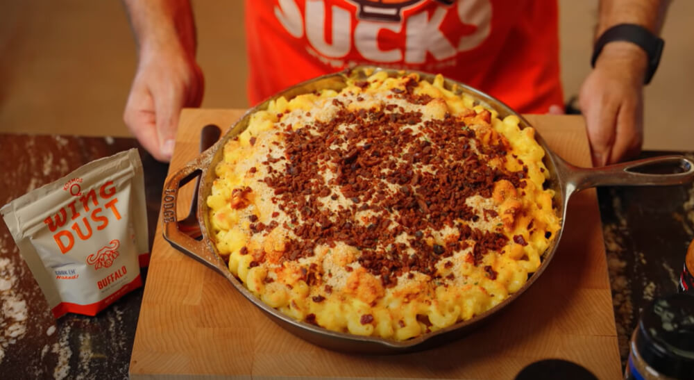 This image shows delicious Mac and Cheese with fried chicken