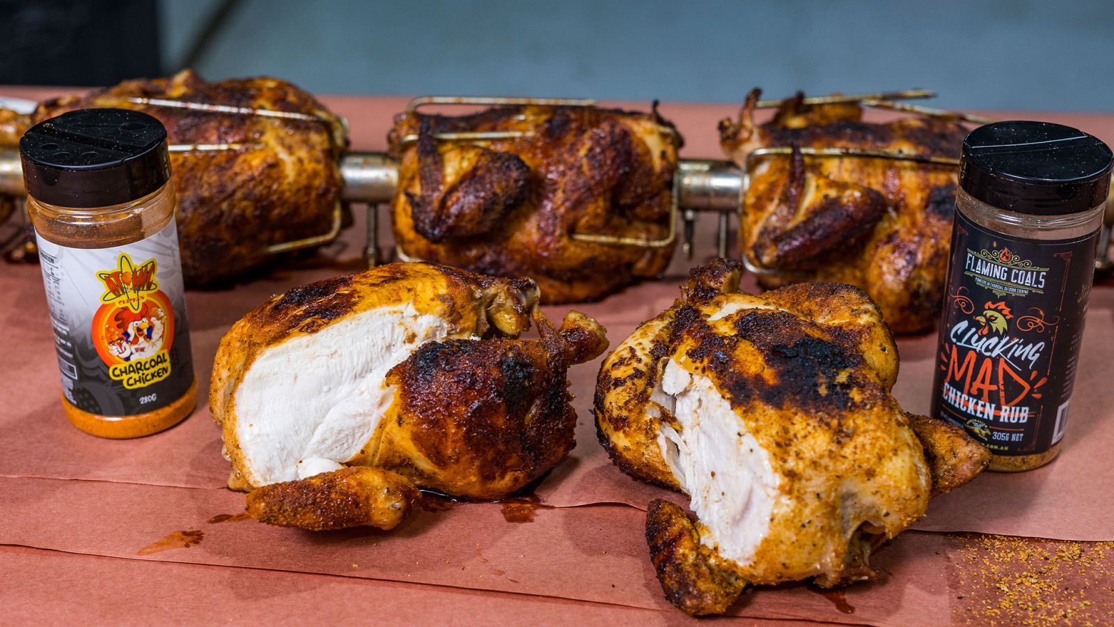 This image shows 5 whole chicken, charcoal chicken rub and flaming coals chicken rub