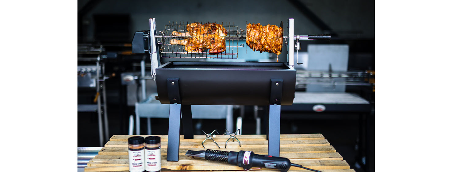 This image show butterflied chicken on a Jumbuck Spit