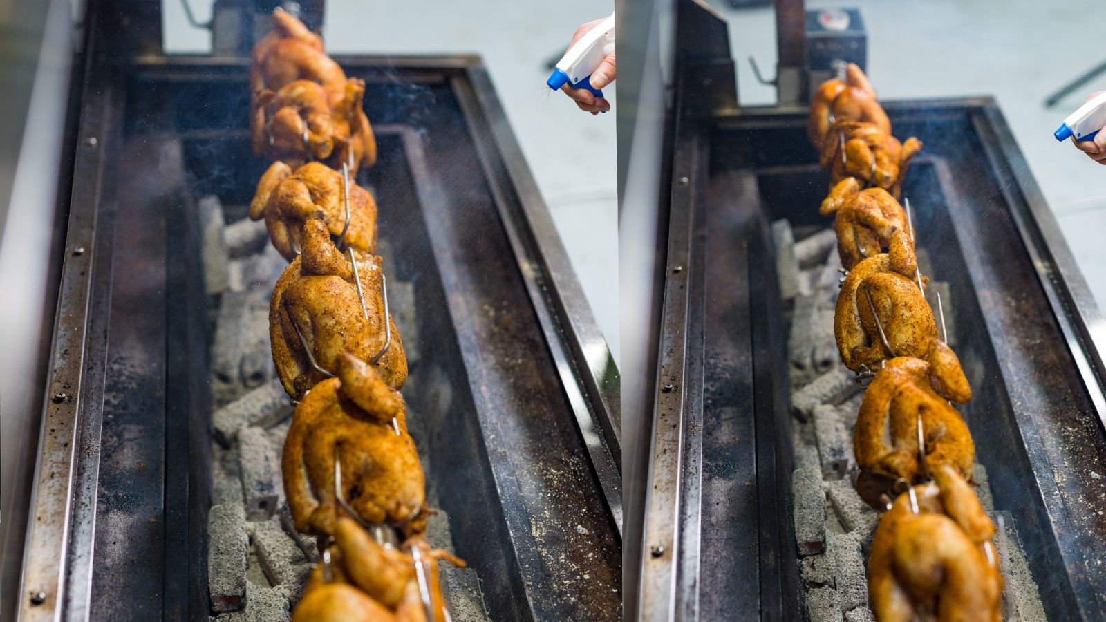 This image shows the a man spraying apple juice to chickens to keep it moist. 