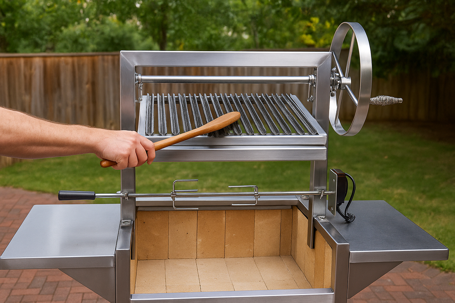 Person cleaning a stainless steel parrilla grill grate with a wooden-handled wire brush, maintaining the cooking surface above a brick-lined firebox.