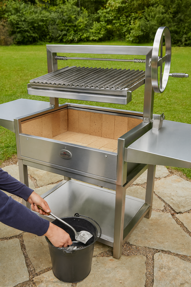 Person using a metal scoop to collect cooled ash from a stainless steel parrilla grill and disposing it into a black metal bucket, demonstrating safe ash removal after cooking.