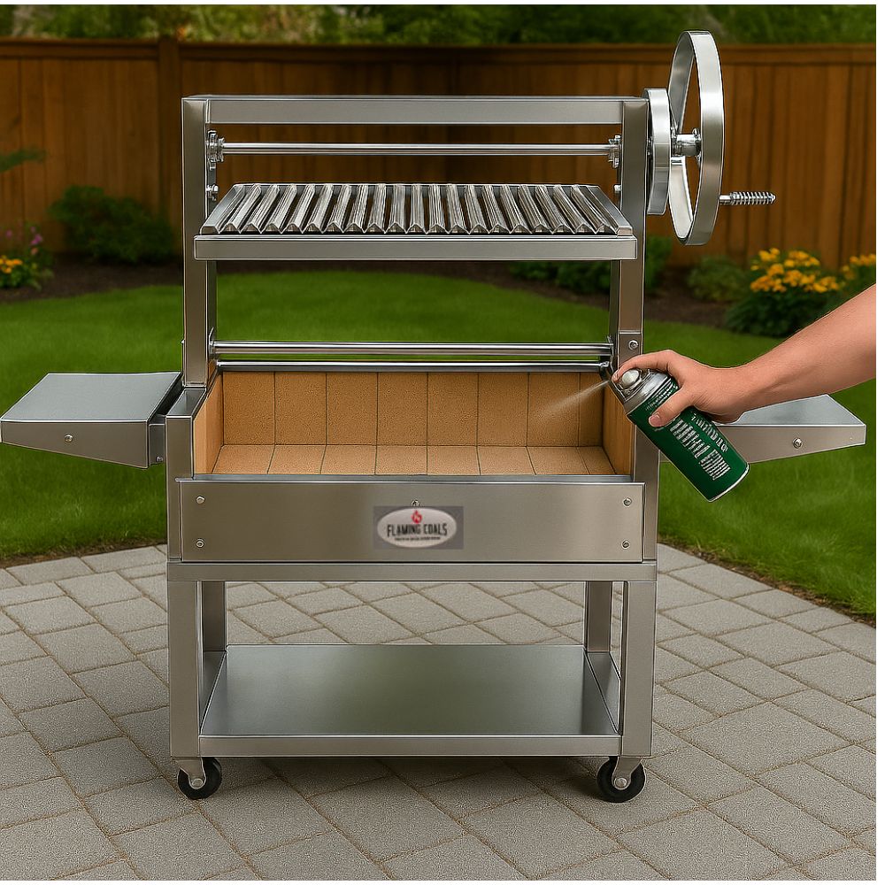 Person spraying a light coat of cooking oil inside a clean stainless steel parrilla grill firebox to protect the metal and prevent rust after cleaning.