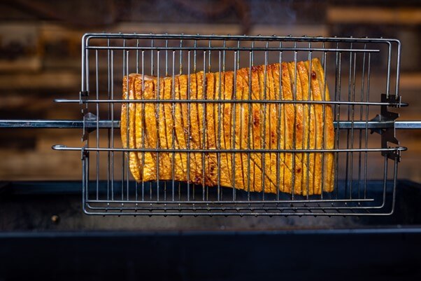 This image shows delicious pork crackling cooked on Jumbuck Mini Spit 