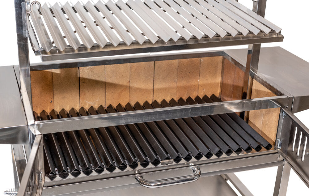 This image shows The V shape of the metal grills allow the fat and oil from the meat to channel down