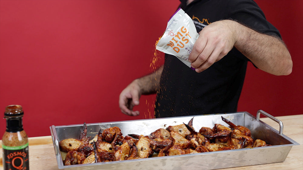 This image shows chicken seasoned with Kosmos Q Kickin۪ Cajun wing dust!