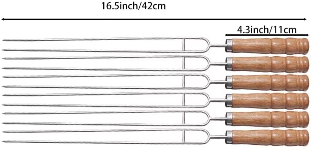 Set of six Flaming Coals stainless steel U-shape skewers with wooden handles, measuring 42cm total length and 11cm handle length.