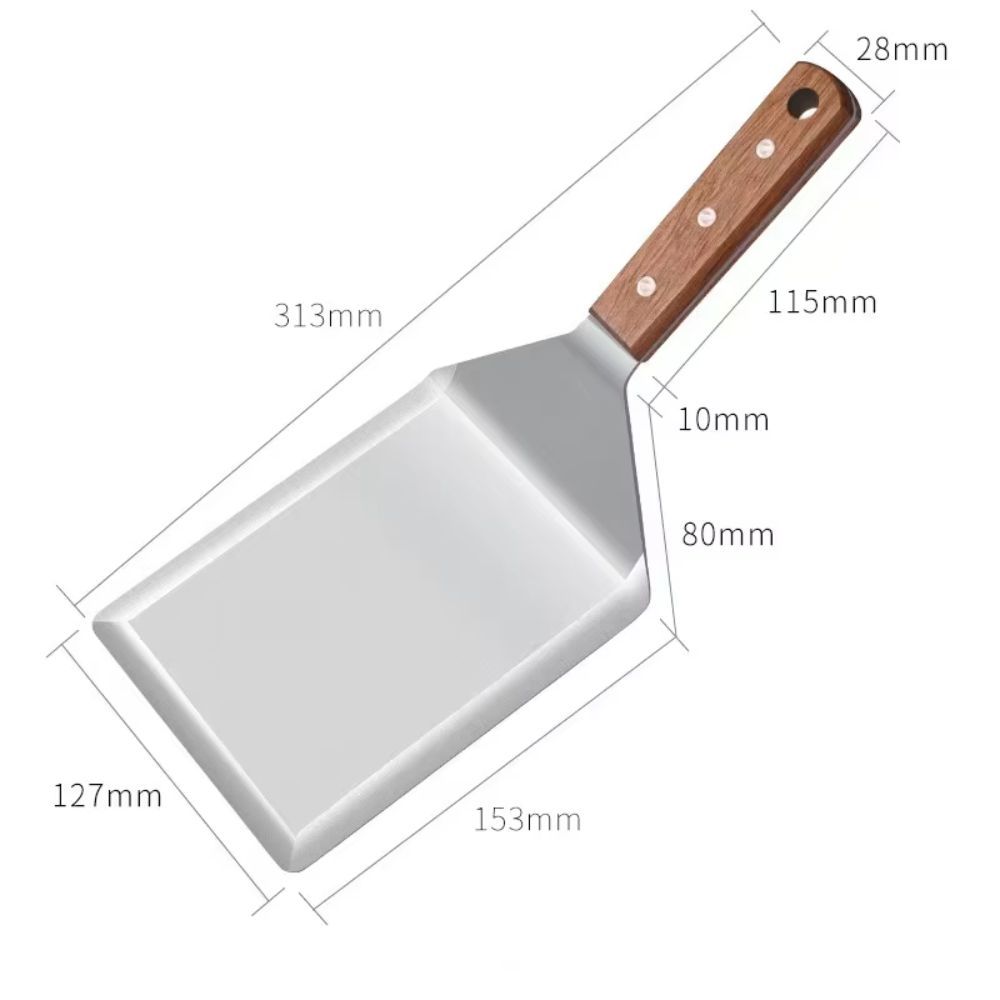 Stainless steel BBQ spatula with wooden handle, shown with full dimensions: 313mm length, 127mm width, 28mm handle width, and 1.5mm thick blade.