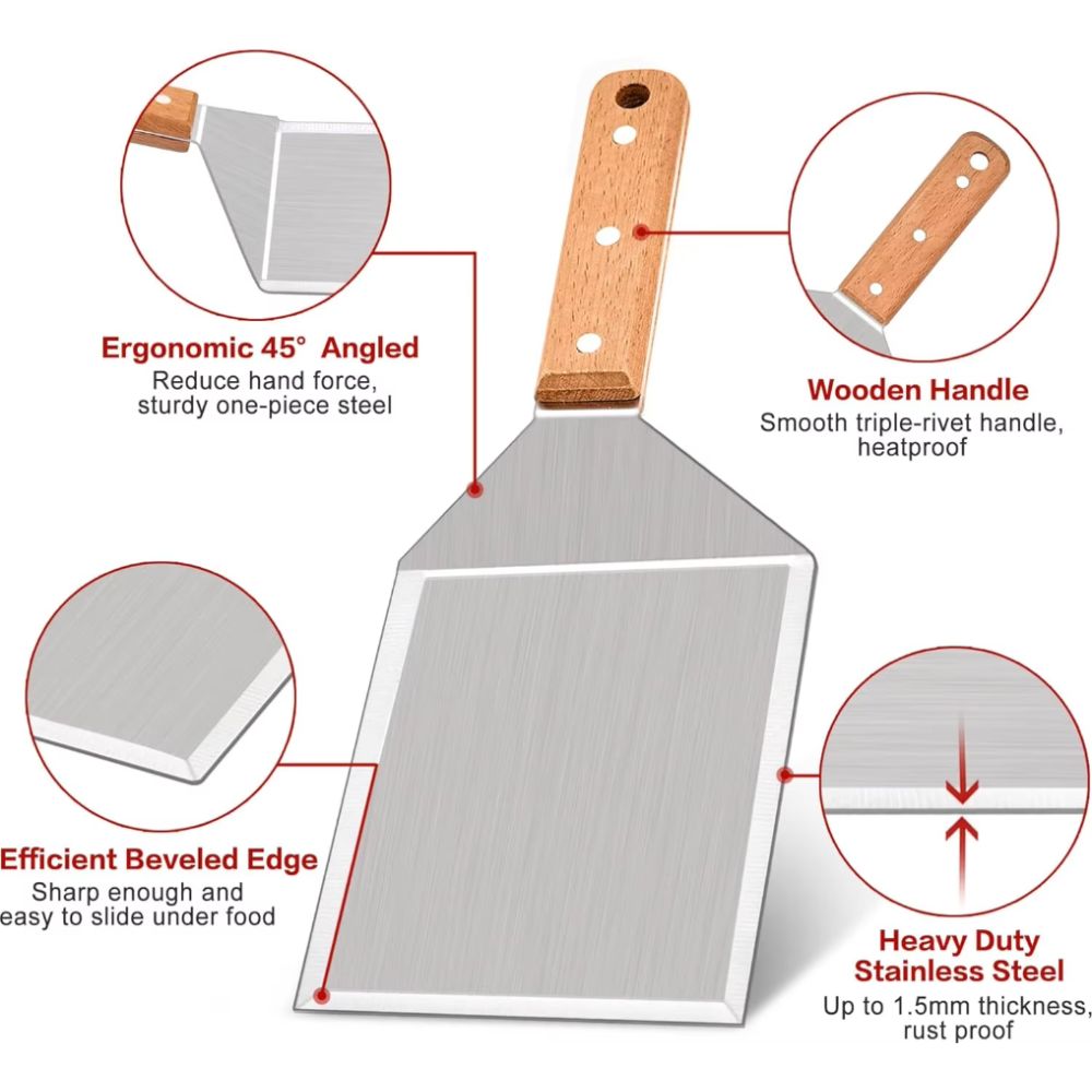 Large stainless steel BBQ spatula with ergonomic 45° angled design, heavy-duty beveled edge, smooth wooden triple-rivet handle, and rust-proof 1.5mm stainless steel blade.