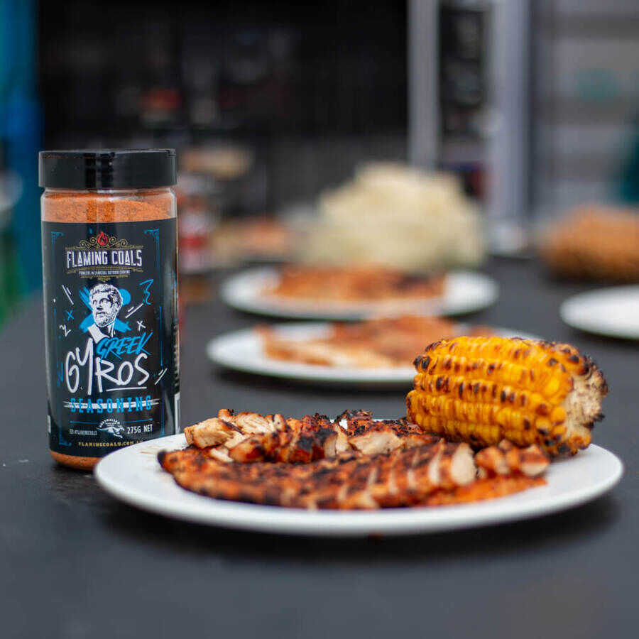 Flaming Coals Greek Gyros seasoning with grilled chicken and corn on the cob
