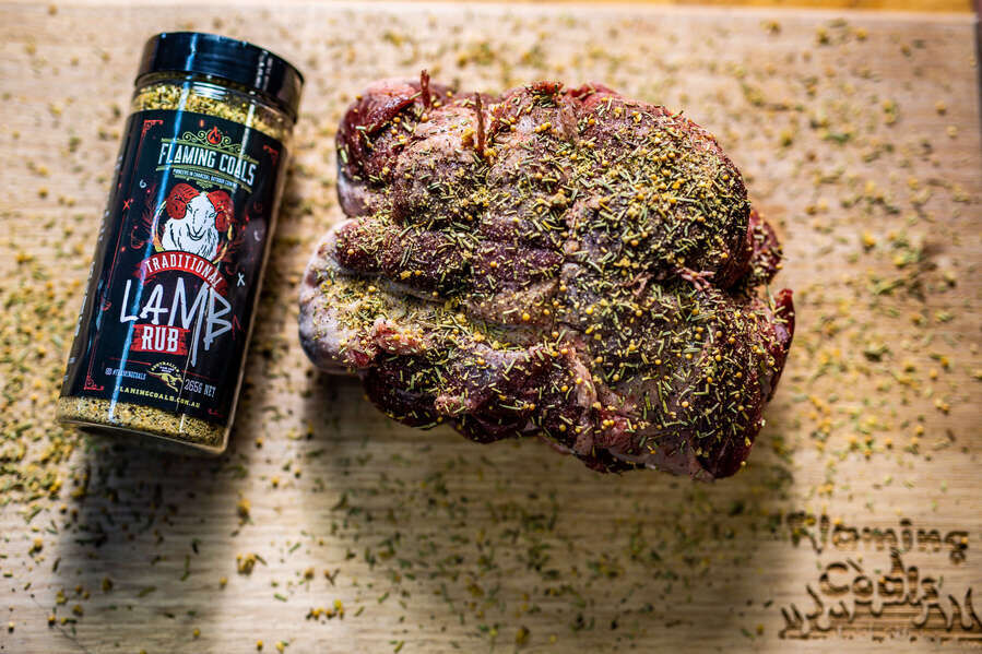  Flaming Coals Traditional Lamb Rub with seasoned lamb