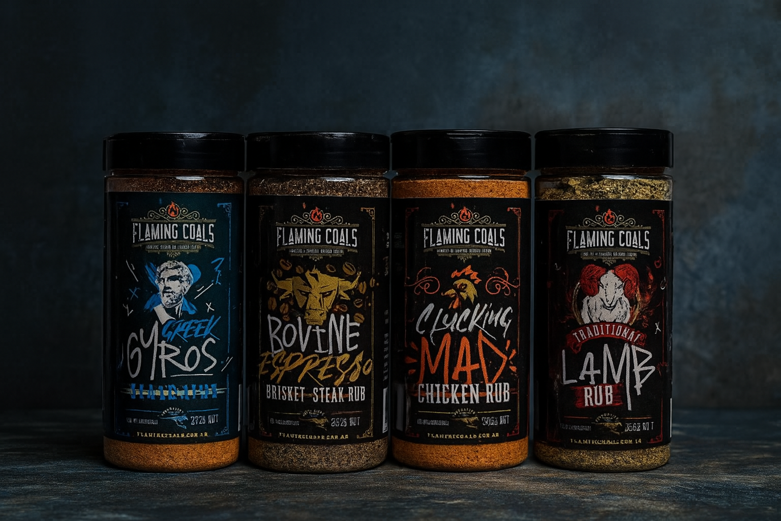 Four Flaming Coals BBQ rubs—Greek Gyros, Bovine Espresso, Clucking Mad Chicken, and Traditional Lamb—displayed on a dark marbled background.