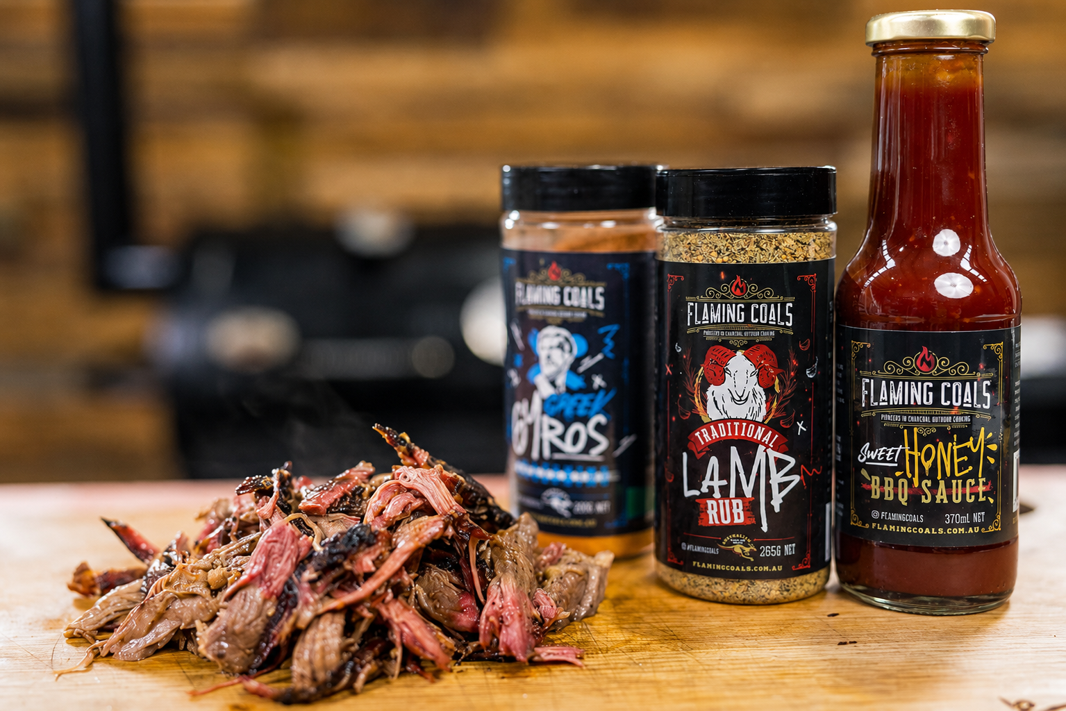 Pulled pork with Greek Gyros Rub, Lamb and and Sweet Honey BBQ Sauce 