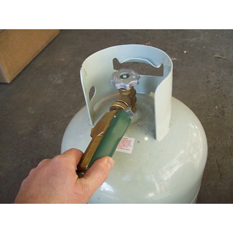 This picture shows a 9kg gas bottle being refilled for use on a BBQ or caravan