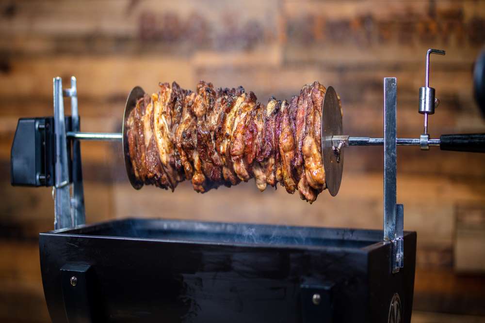This is a picture of Gyros being cooked on a jumbuck mini spit during the filming of our Jumbuck recipe Masterclass