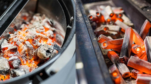 This_image_shows_Lit_hardwood_lump_charcoal_and_Briquettes