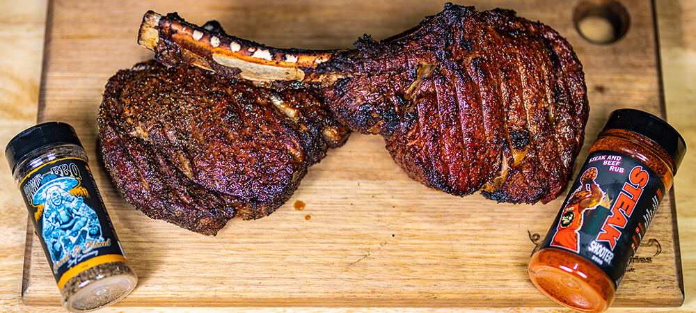 This image shows delicious Tomahawk Steak with bbq rubs