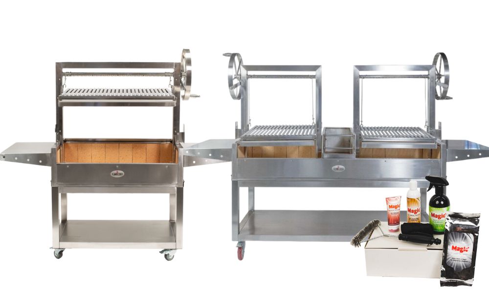 Two stainless steel parrilla grills, one single and one double, displayed side by side. Cleaning supplies including stainless steel cleaner, spray, wipes, and a grill brush are placed in front, showing tools needed for maintaining and cleaning a parrilla grill.